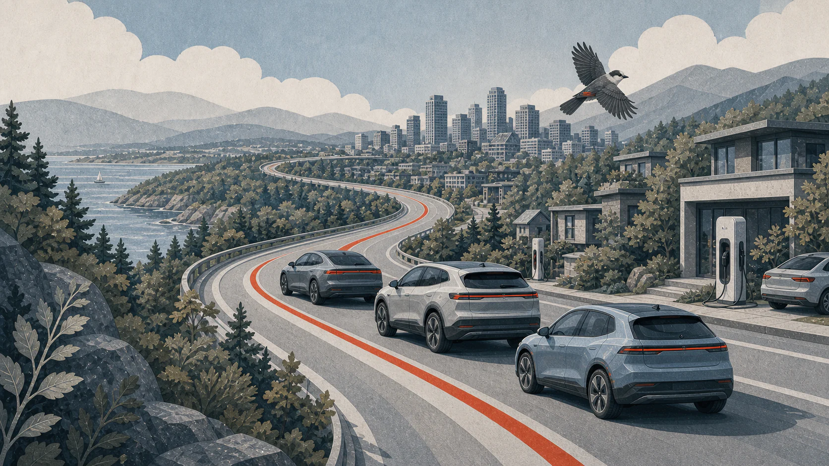 A new wave of electric vehicles follows a red route toward a Canadian city as a Canada jay flies above.