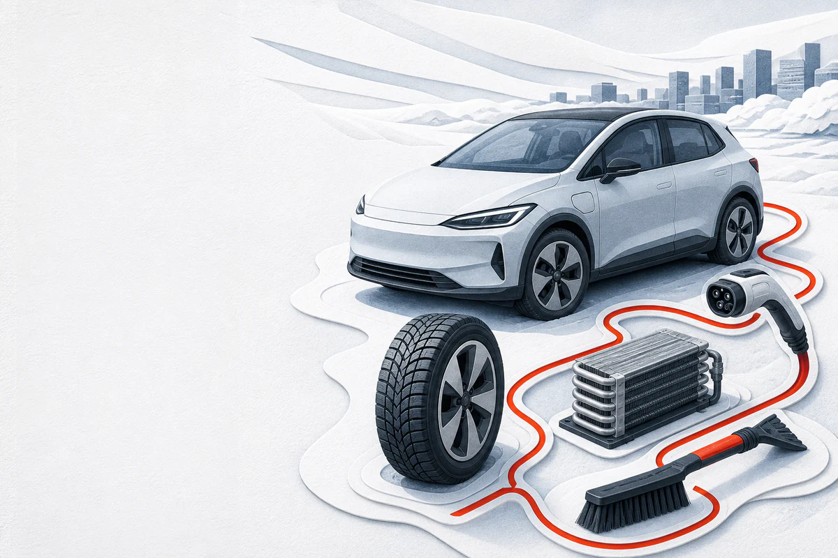 An electric vehicle with a winter tire, charging connector, heat exchanger and snow brush connected by a red route.